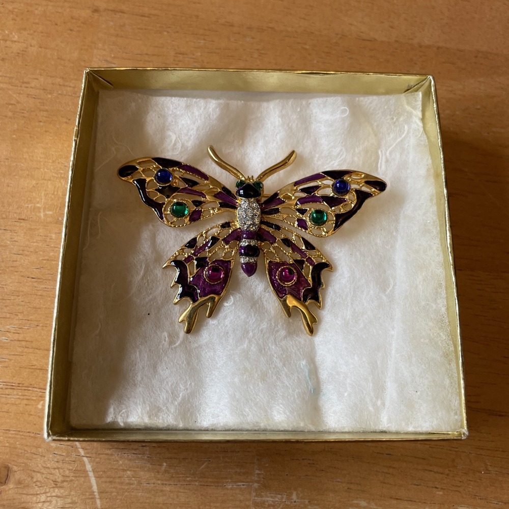 Butterfly Figural Jeweled Gold Plated Pin Brooch